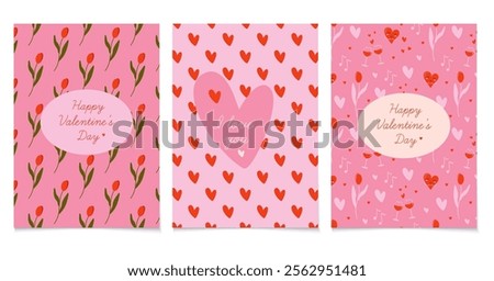 Valentine's Day cards set. Charming prints showcase messages of love. Cute ornate background with frame. Colorful vector illustrations, perfect for any occasion.

