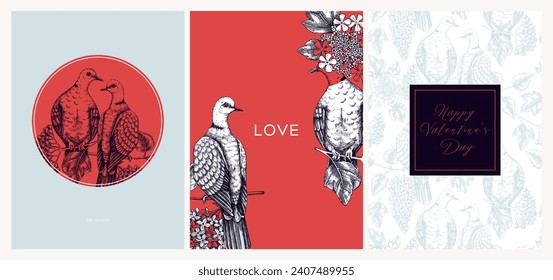 Valentine's day cards set. Collage style doves background. Hand-drawn vector illustration. Beautiful bird, blooming branch, spring flower sketches. Trendy style love poster, print, wall art