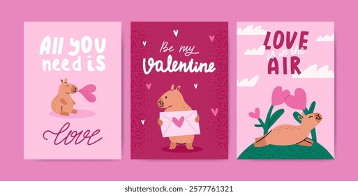 Valentines day cards set with cute capybaras and hearts. Perfect for cards, scrapbooking, digital designs, and social media.Flat vector illustration.