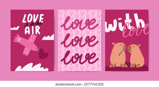 Valentines day cards set with cute capybara, bird, hearts and typography. Perfect for cards, scrapbooking, digital designs, and social media.Flat vector illustration.