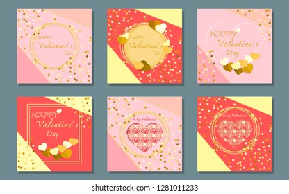 Valentine's day cards set. Flat style vector illustration. Love, romantic, hearts,ornament, glitter template.