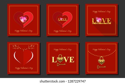 Valentine's day cards set. Flat style vector illustration. Love, romantic, hearts, red, golden, luxury template.
