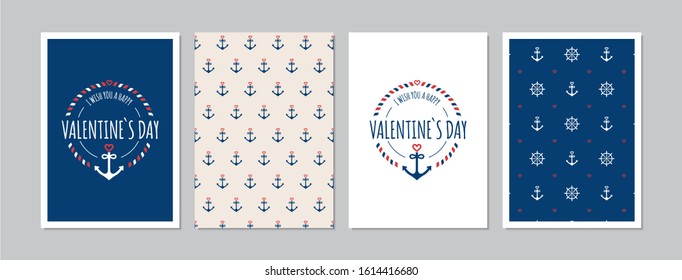 Tarjetas San Valentín con elementos dibujados a mano en el aspecto marítimo. Doodles y bocetos ilustraciones vectoriales, DIN A6.