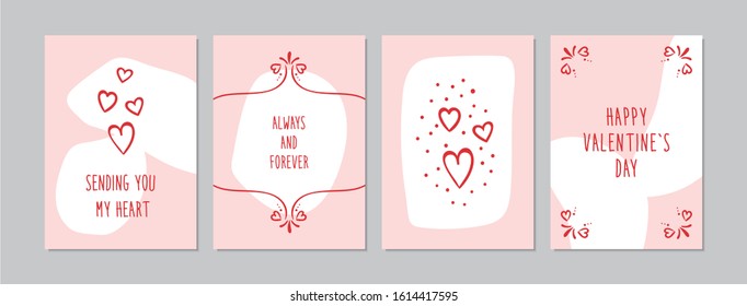 Valentine`s Day cards set with hand drawn hearts and ornaments. Doodles and sketches vector vintage illustrations, DIN A6.
