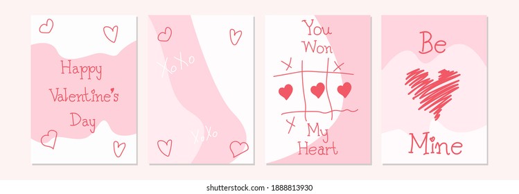 Valentine`s Day cards set with hand drawn hearts. Hand drawn lettering. Doodles and sketches vector vintage illustrations. Design for valentine and wedding. Be mine. You won my heart.