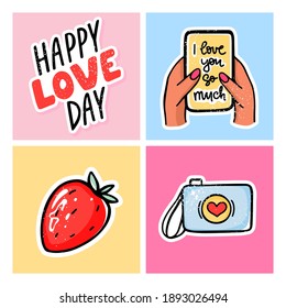 Valentine's day cards set. Hand drawn Colored trendy illustration. Romantic vector posters with camera, phone in hand with love message, strawberry, Happy Love day lettering.