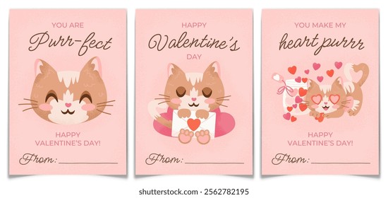 Valentines Day Cards Set with Hand Drawn Red Cats. Cute Ginger kitty characters in love. Simple postcards collection with cute textured pets. Romance cartoon animal concept. Flat vector illustration.