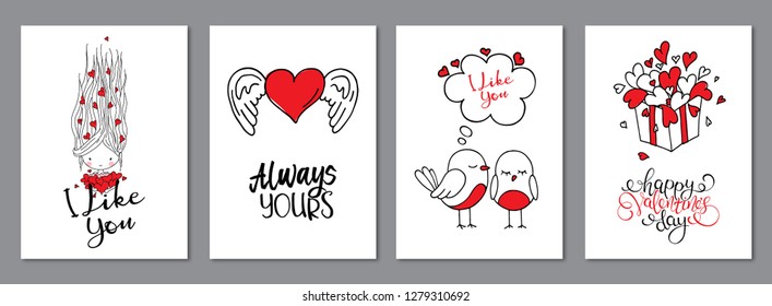 Valentine's day cards set. Handwritten lettering.