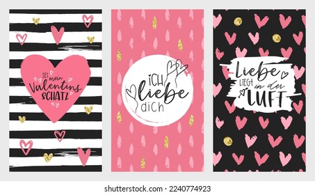 Valentine's day cards set. Lovely hand drawn design and lettering in german language saying "Be my Valentine, i love you love is in the air", great for gift tags, invitations, cards