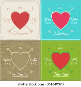 Valentines day cards set with ornaments, hearts and arrow. Vector