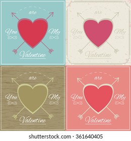Valentines day cards set with ornaments, hearts and arrow. Vector
