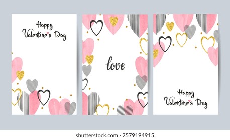 Valentines Day cards set with pink and golden hearts. Love posters