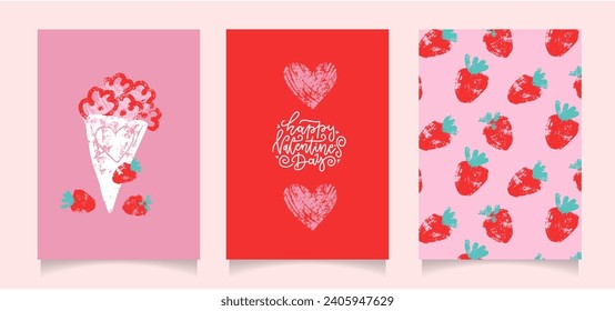 Valentine's day cards set with real wax crayon texture. Unusual artistic art poster with oil pastel hand drawn romantic elements. Textured vector illustration.