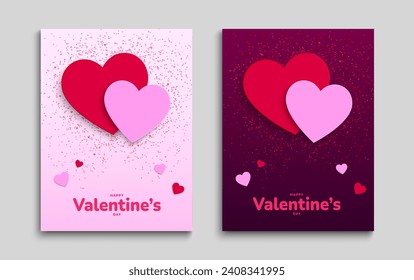 Valentine's day cards set. Red and pink paper hearts elements. Poster, cover, flyer template. Vector illustration