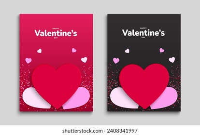 Valentine's day cards set. Red and pink paper hearts elements. Poster, cover, flyer template. Vector illustration