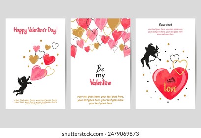 Valentines Day cards set in red and golden colors. Cute cupids and watercolor hearts. Vector illustration