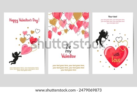 Valentines Day cards set in red and golden colors. Cute cupids and watercolor hearts. Vector illustration