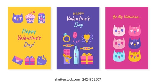 Valentine's Day cards set with romantic elements. Cartoon wedding and Valentine love concept posters. Abstract drawings postcard. Happy Valentines Day banner love congratulations vector illustration