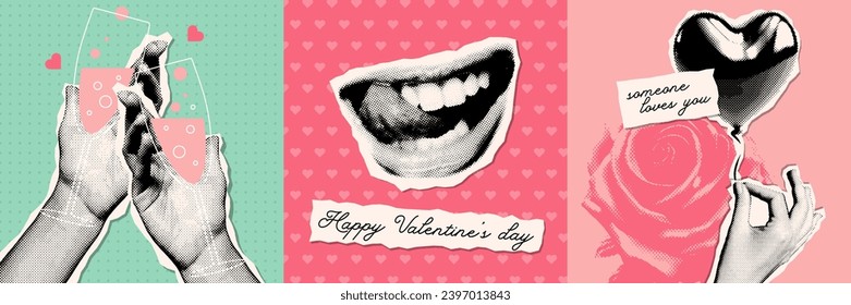 Valentine's Day cards set in trendy vintage collage style with torn out paper stickers. Halftone hands holding champagne, smiling lips, palm holding heart shaped balloon. Vector eps10