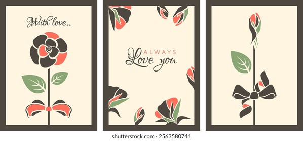 Valentines day cards. Set of Trendy posters for 14 February holiday. Romantic design with rose, cute bow, lovely text. Festive background in retro style. Vector flat illustration