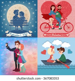 Valentine's Day Cards Set with Young Happy Couple in Romantic Style