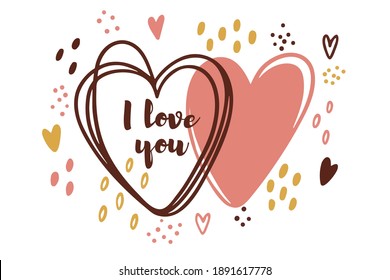 Valentine's day cards with space for your text. Simple cute doodle style. Hearts in yellow-pink tones. Suitable for congratulations, invitations, cards, postcards, design elements.