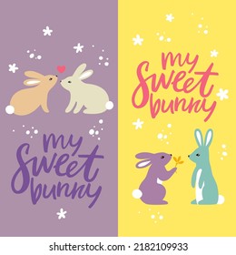 Valentine's Day Cards. Vector Illustrations with Cute Rabbits. My Sweet Bunny Banners