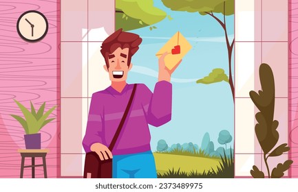 Valentines day cartoon background with happy man holding envelope with red heart flat vector illustration