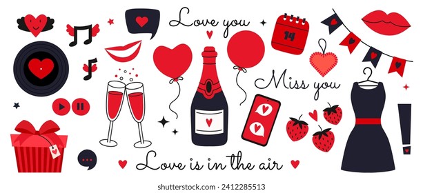 Valentine's day cartoon elements set. Romantic cute objects isolated on white background. Champagne,wine glasses,dress,lips,gift,message and heart. Cartoon love romantic elements vector illustration.