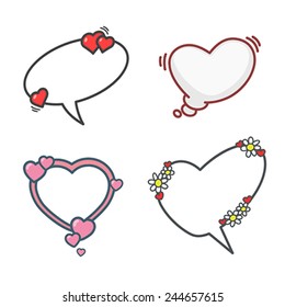 Valentine's day cartoon elements set, speech bubbles, flowers and hearts. Vector  illustration, easy editable.