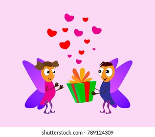 Valentine's Day. Cartoon elf boy giving girl a gift box. Love cards. Red and pink fhearts. Romance concept Vector illustration background. butterfly cartoon