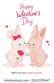 Valentine's day cartoon greeting card with two cute chubby bunnies kissing each other. The beige bunny, wearing a red bow, holds red flowers, while hearts float around, symbolizing affection and love.