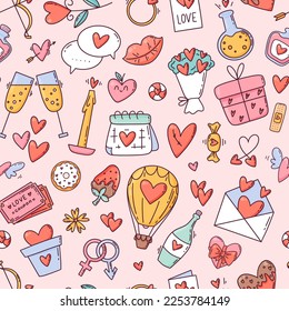 Valentine's Day cartoon hand drawn seamless pattern, cute, lovely and romantic, doodle line style. Vector 