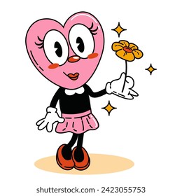Valentine's Day. Cartoon heart in love. Cute pink heart with flower