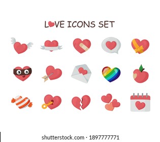 Valentine's day cartoon icons set. Funny colorful hearts illustrations for Valentines day. Heart thief, broken heart, candy heart, heart woth wing, love apple, love speach bubble etc