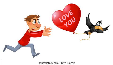 Valentines day. Cartoon man trying to catch crow who carries stolen heart shape balloon. Vector illustration. Elements is grouped. On white background. No transparent objects.