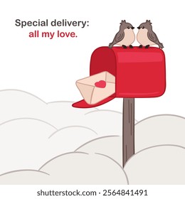 Valentine's day cartoon minimalist card or square poster with two love sparrows sitting on a mailbox with a love letter inside it and romantic text. Hand drawn cute vector love-themed illustration.