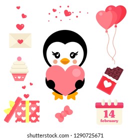 valentines day cartoon penguin with heart and valentines elements
