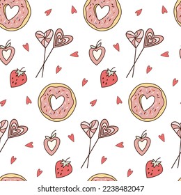 Valentine's day cartoon pink seamless pattern. Doodle vector elements candies, donuts, strawberries and hearts.