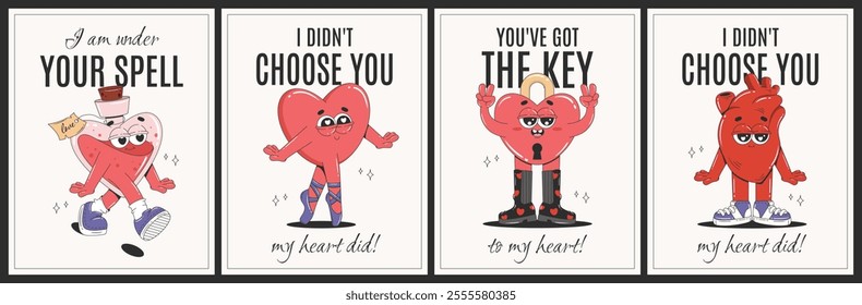 Valentine's day cartoon posters set with retro groovy characters. Heart, love potion, love lock. Cute design for flyer, greeting card, banner, poster. Love concept. 