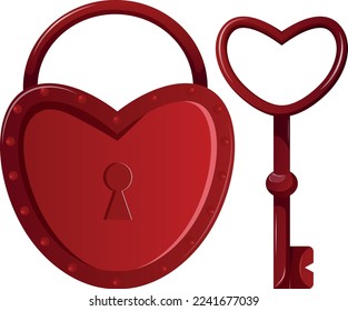 Valentine's day cartoon red heart-shaped lock with keyhole and heart-shaped key on transparent background. Design for advertising poster or mobile app. Vector illustration.