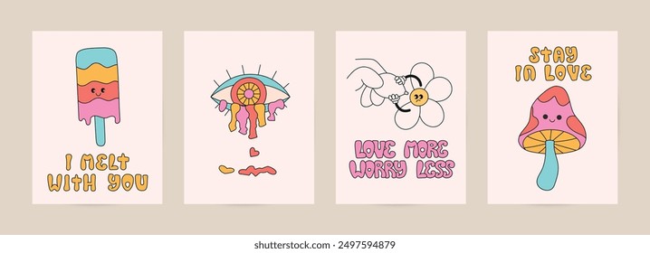 Valentines day cartoon retro groovy card, poster. Hippie 90s daisy, heart, ice cream, mushroom, characters, square psychedelic vector template.