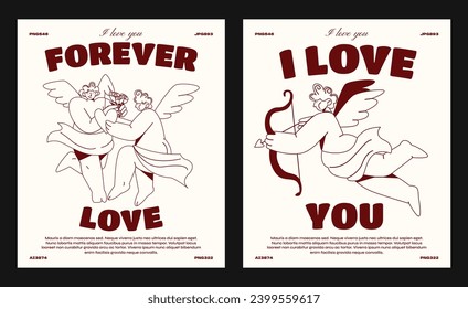 Valentines day cartoon retro linear posters in groovy style. Characters cupids guardian angels. Hippie acid 90s elements, hearts, vector square  posters with typography.	