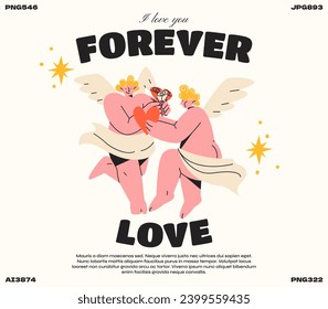 Valentines day cartoon retro posters in groovy style. Characters cupids guardian angels. Hippie acid 90s elements, hearts, vector square  love poster with typography