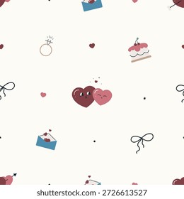 Valentinstag Cartoon nahtlose Muster. Flacher Vektorhintergrund. Valentinstag-Design. Kreative Textur für Stoff, Verpackung, Textil, Tapete, Bekleidung.