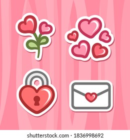 Juego de parches para los stickers de caricaturas del día de San Valentín. Ilustraciones simples de vectores planos mínimos. Amor, letra, corazón, candado, planta, signo, símbolo.
