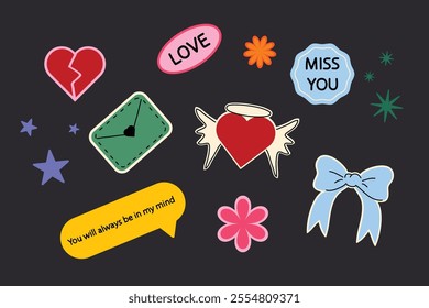 Valentine's Day cartoon stickers for February 14. A collection of romantic elements such as love notes, hearts  and charming decorations. Vector design set.