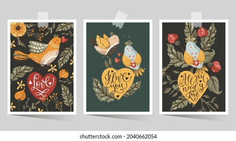 Valentines day cartoon vector card set with hand drawn lettering quote flower, bird and heart. Love greeting print poster. Ornate floral design.