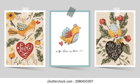 Valentines day cartoon vector card set with hand drawn lettering quote flower, bird and heart. Love greeting print poster. Ornate floral design.