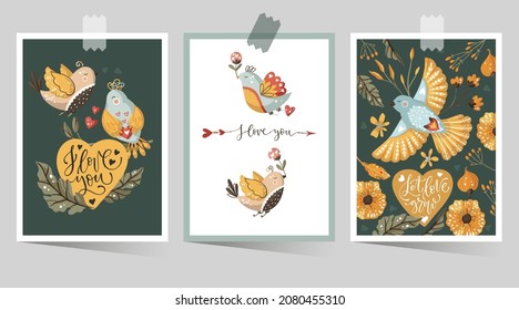 Valentines day cartoon vector card set with hand drawn lettering quote flower, bird and heart. Love greeting print poster. Ornate floral design.